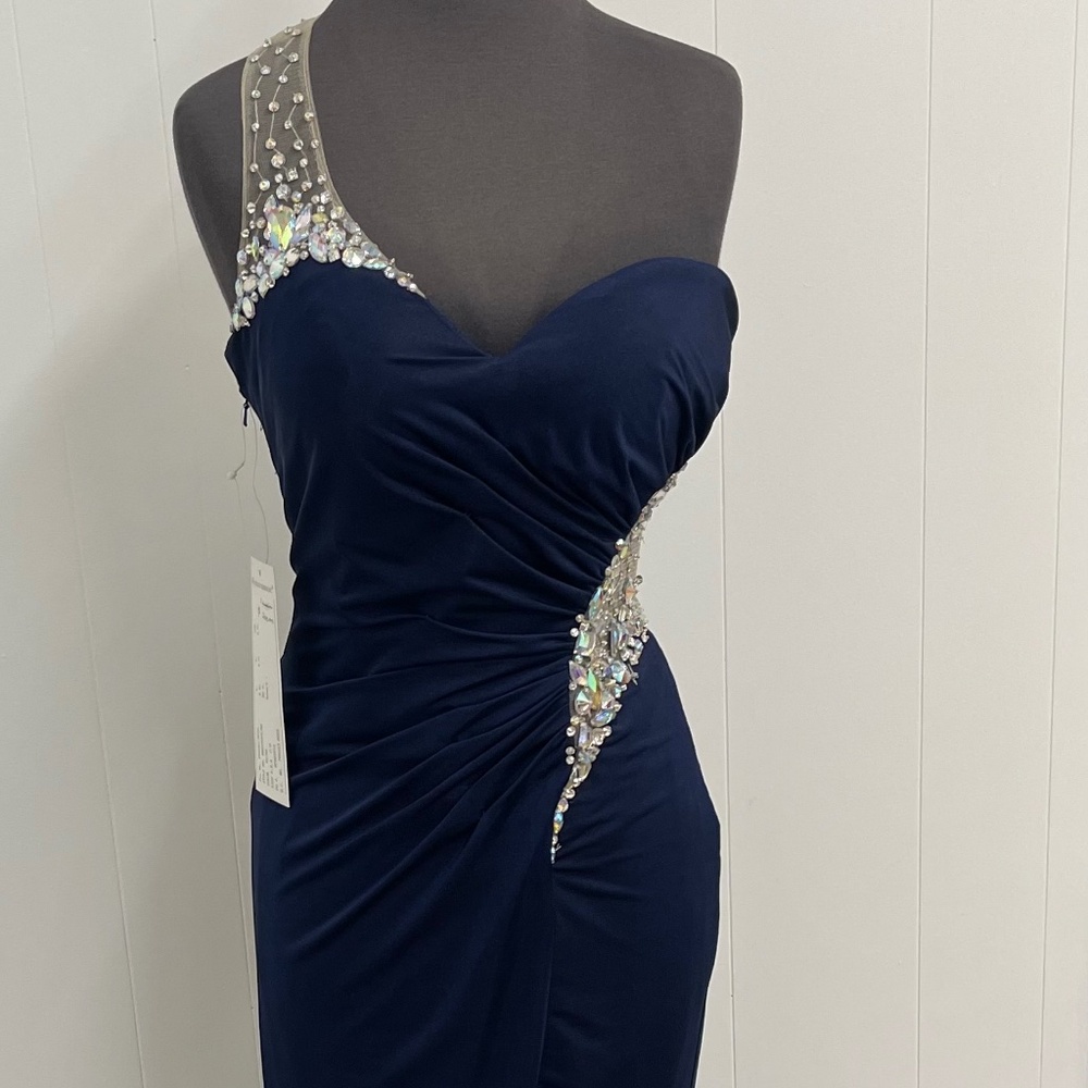 Val Stefani Prom Navy Blue One Shoulder Beaded Mesh Cutout Gown Size 6 Formal